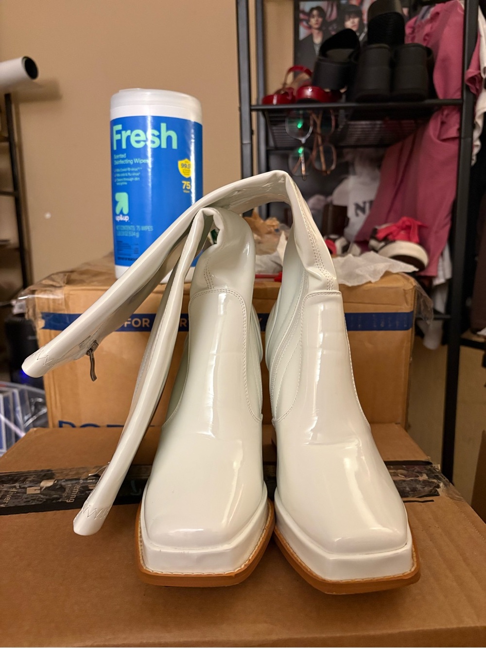 Women's White Patent Square-Toe Boots